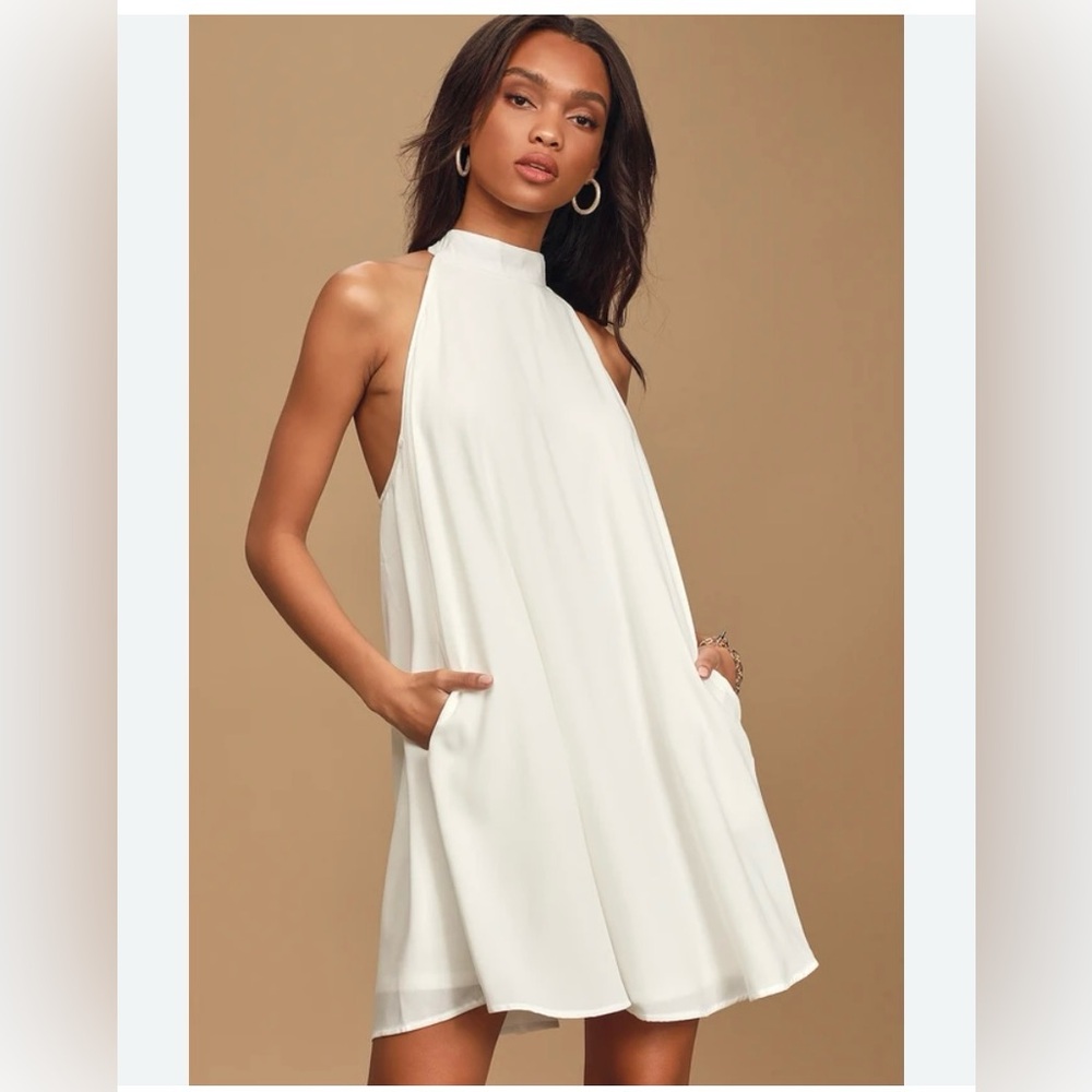 Lulus Elegant White Halter Dress with pockets and fully lined. Size L